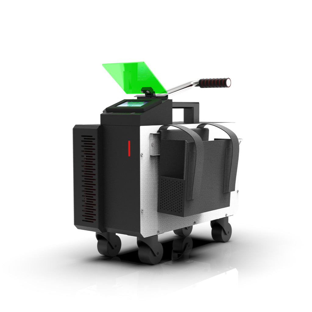 Side view of HANTENCNC SEAGULL2 portable pulsed laser cleaning machine showing its compact trolley case design
