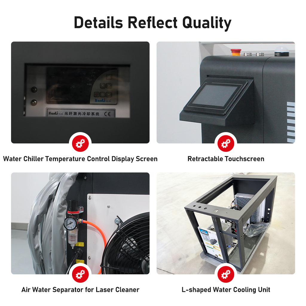 Water Chiller Temperature Control Display Screen
Retractable Touchscreen
Air Water Separator for Laser Cleaner
L-shaped Water Cooling Unit