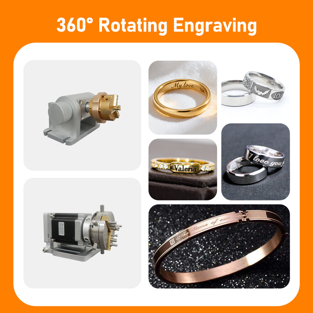 360-degree rotating engraving results using KOALA fiber laser marker on rings and jewelry
