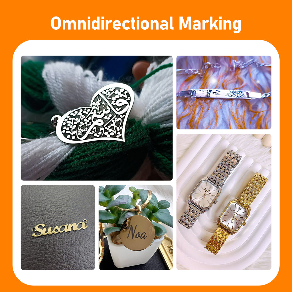 KOALA fiber laser marking machine showing omnidirectional marking results on jewelry and accessories
