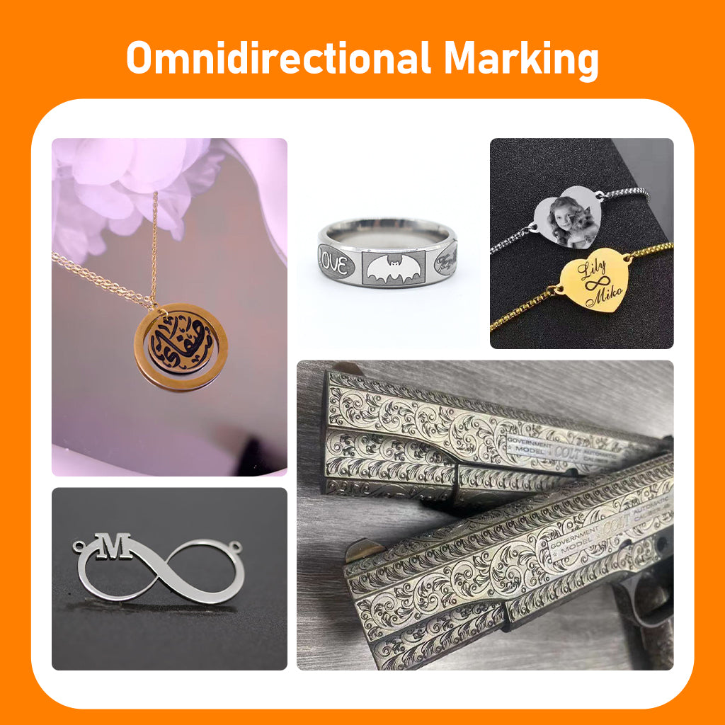 KOALA fiber laser marking machine creating omnidirectional engraving on jewelry, rings, and metal surfaces
