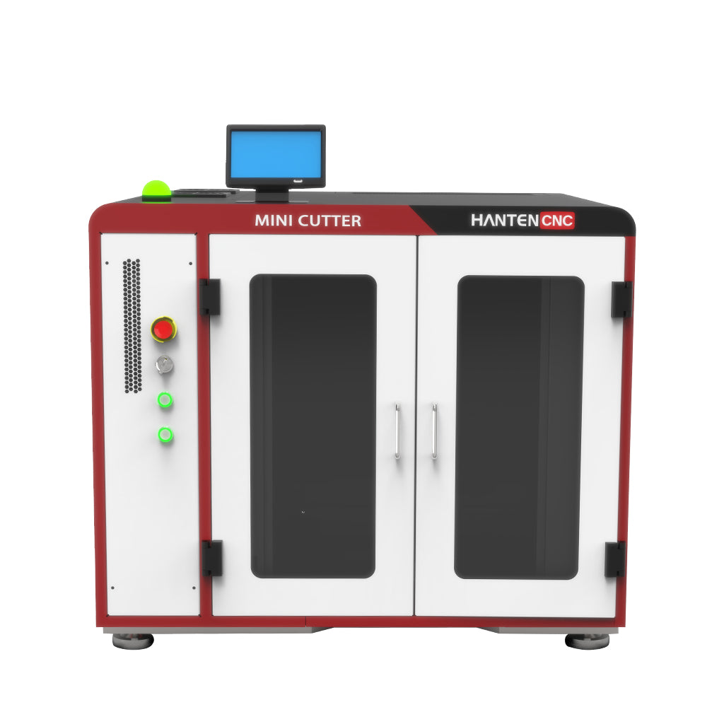 Front view of the Mini 1500W desktop fiber laser cutter designed for cutting thin metal sheets
