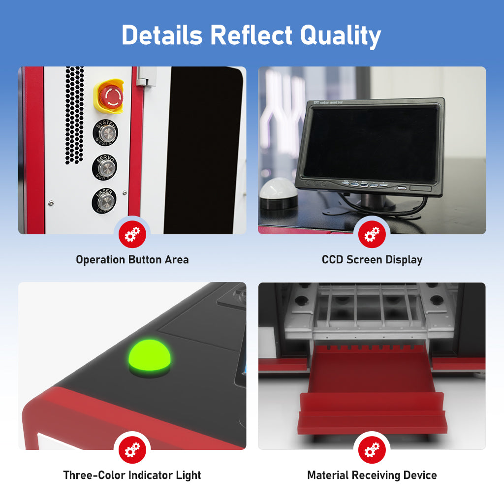 Feature details of the Mini 1500W fiber laser cutter showing operation buttons, CCD screen, indicator light, and material receiving tray
