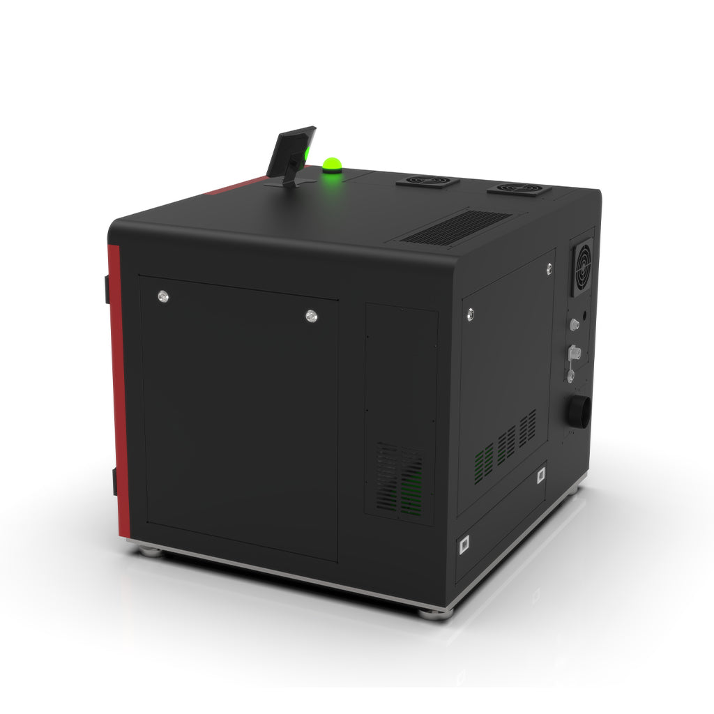 Angled view of the Mini 1500W fiber laser cutter machine body showing compact industrial design
