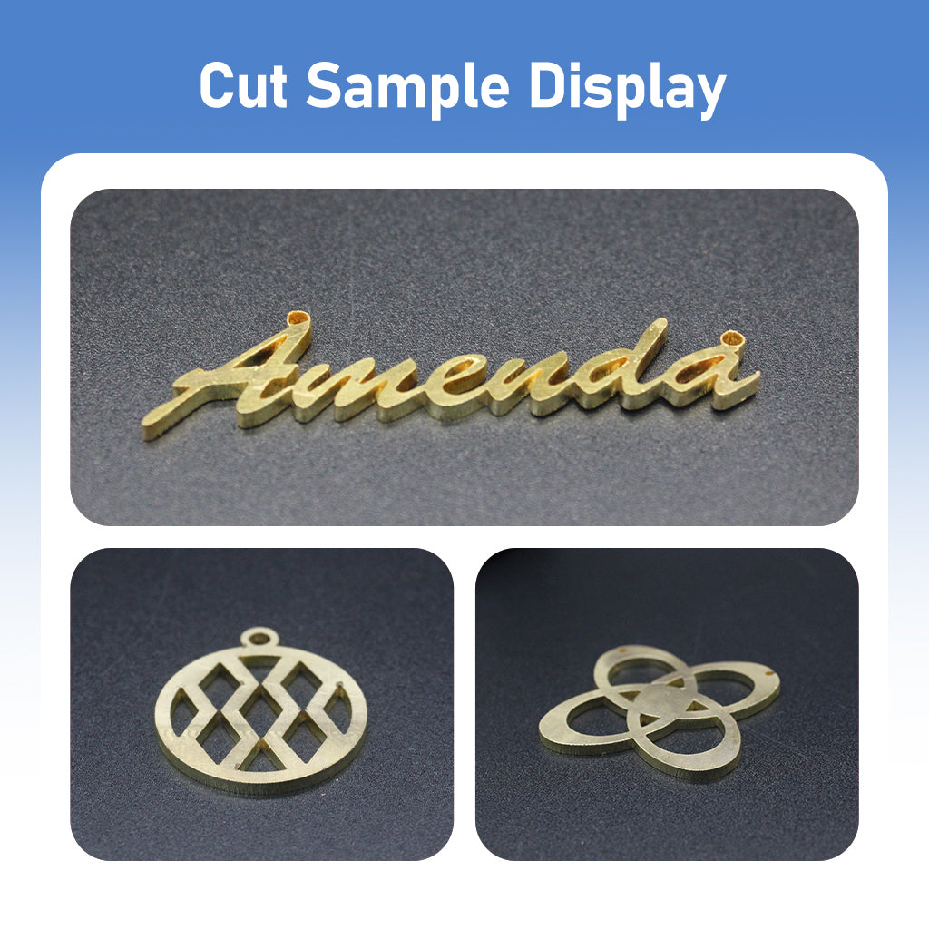 Metal cutting samples produced by the Mini 1500W fiber laser cutter including apple structure, lantern, and small metal patterns
