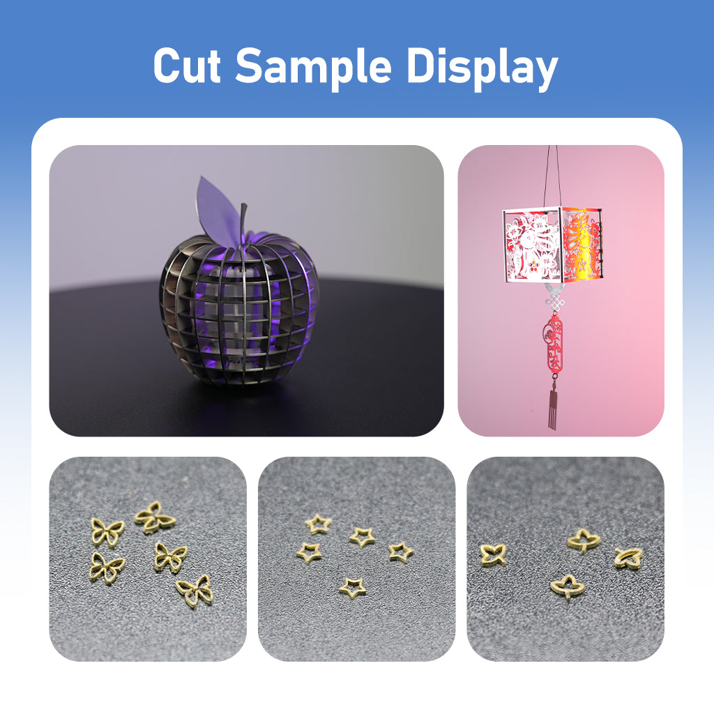Cutting sample display showing precision metal lettering and pendant designs made by the Mini 1500W fiber laser cutter
