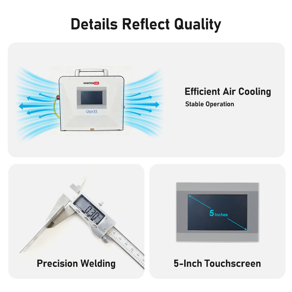 QCW laser spot welder features efficient air cooling, precision welding, and a 5-inch touchscreen