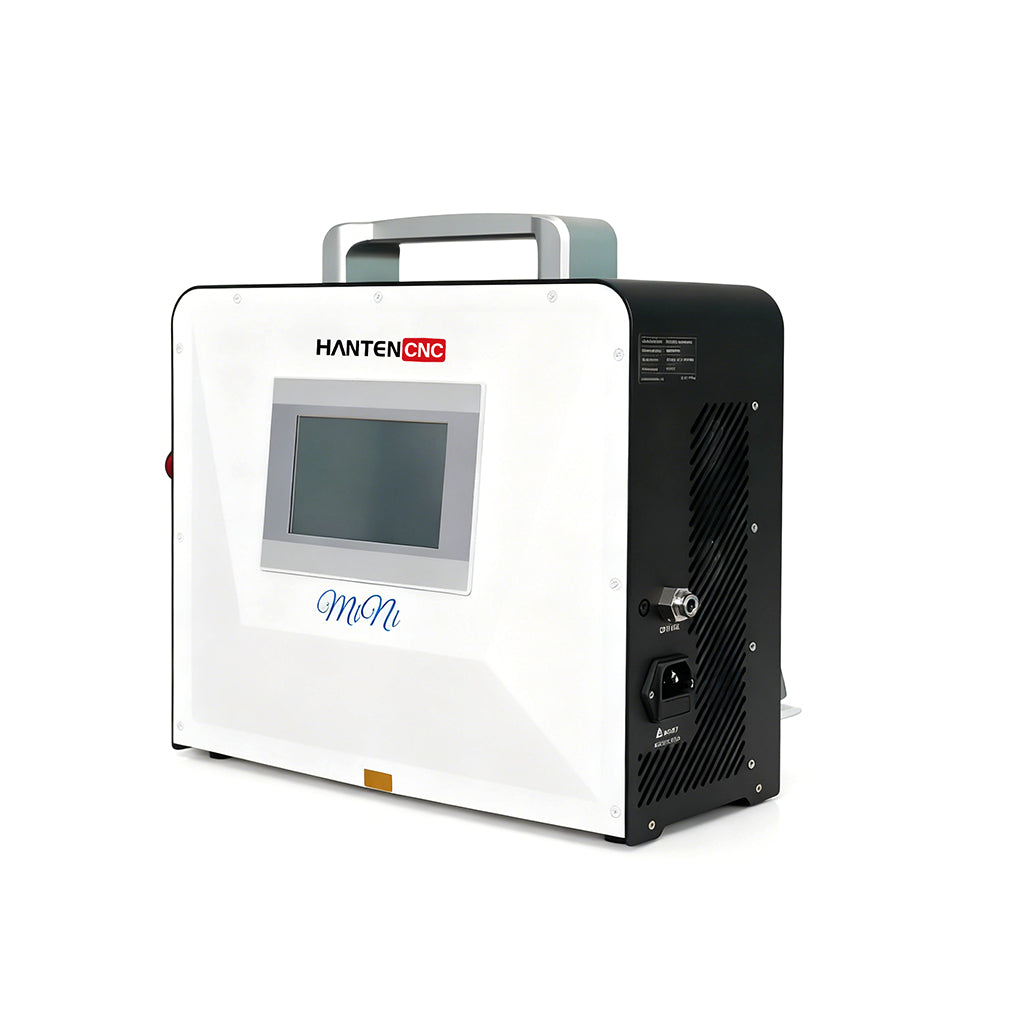 Front view of QCW laser spot welding machine with 5-inch touchscreen display

