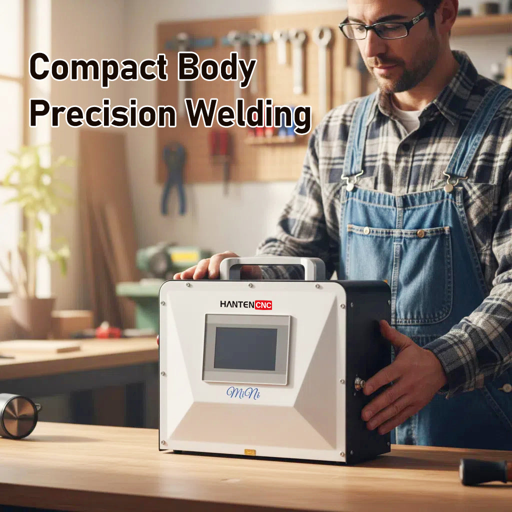 Compact QCW laser spot welder being used in a workshop for precision welding

