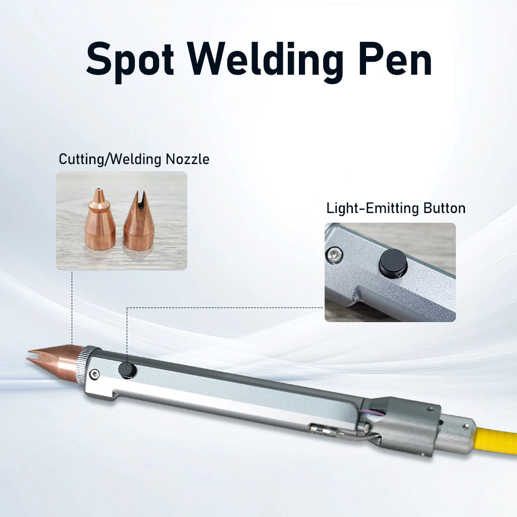 QCW laser spot welding pen with cutting and welding nozzles and light-emitting button
