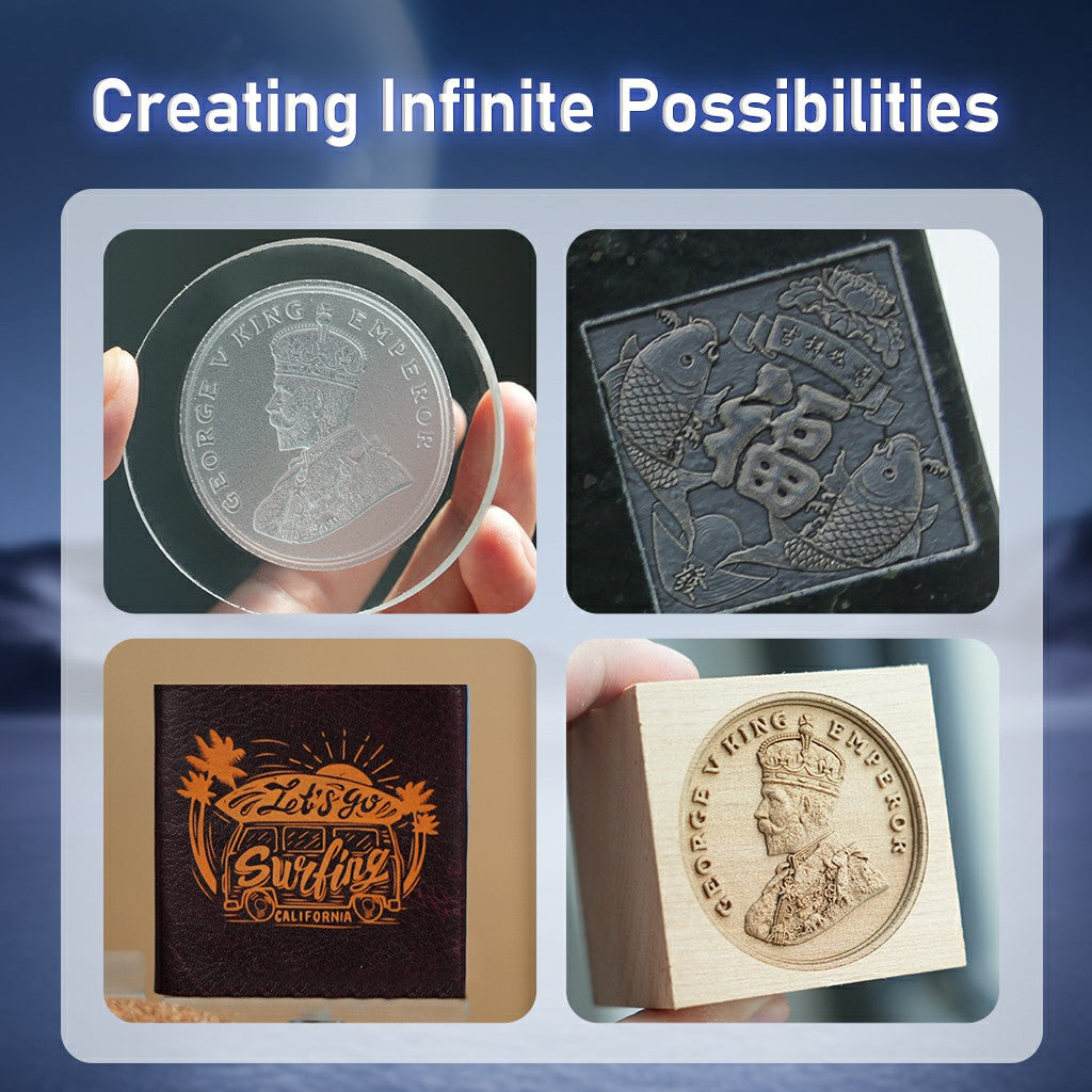 UV laser marking samples on glass, leather, and wood created by the HANTEN Robin UV Ultra