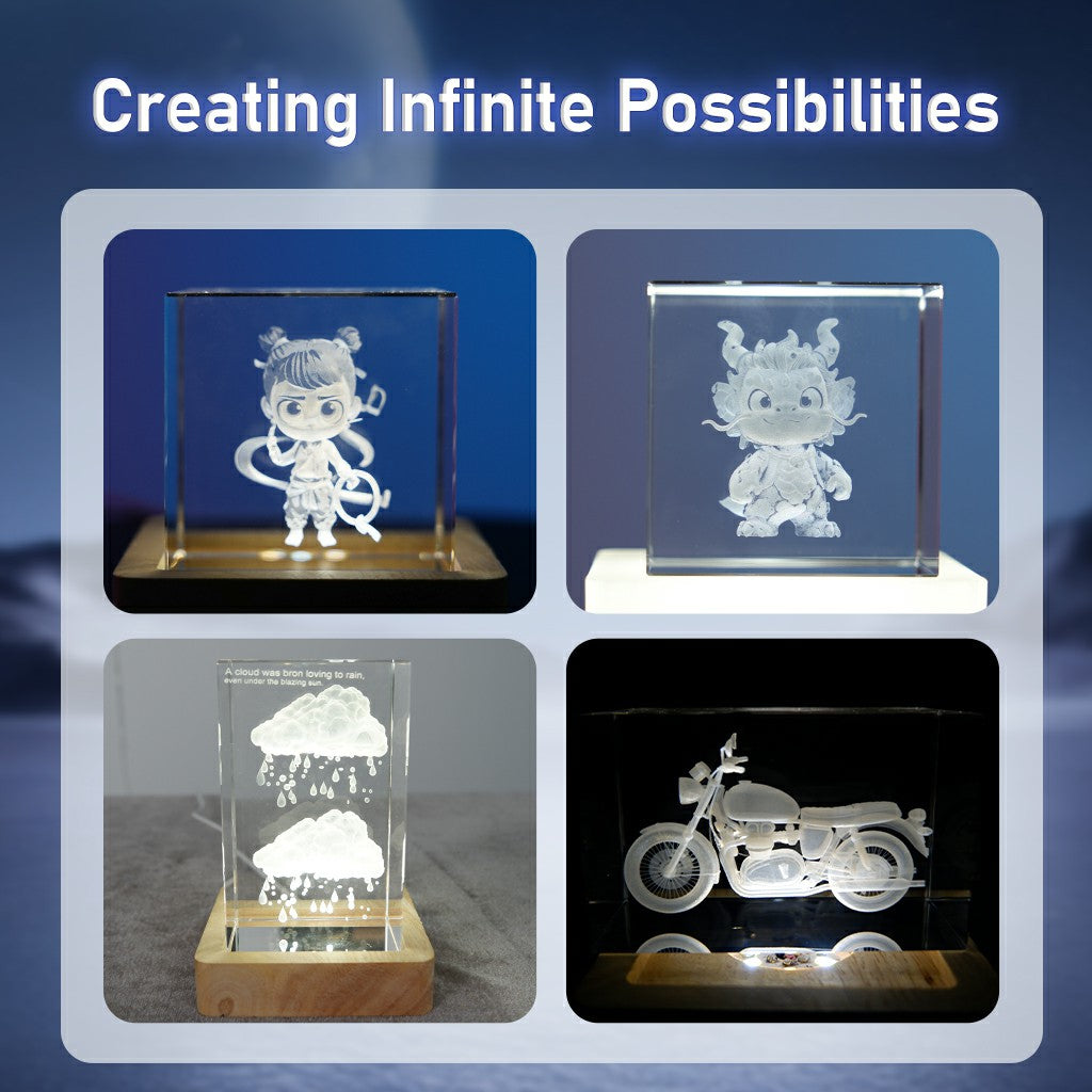 Crystal 3D engraving samples demonstrating fine UV laser marking by the HANTEN Robin UV Ultra