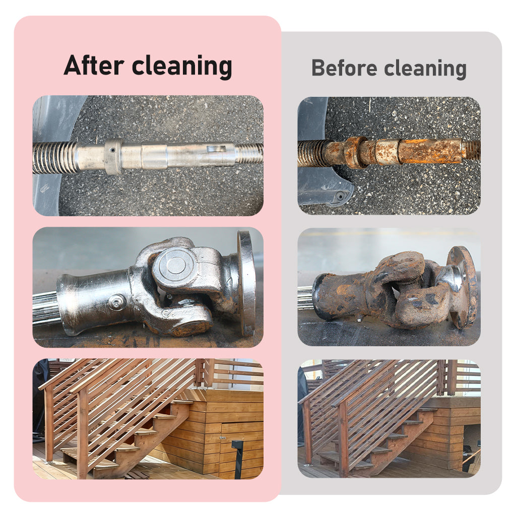 Before and after cleaning results on metal shafts couplings and wooden stairs using Seagull 2 laser cleaner