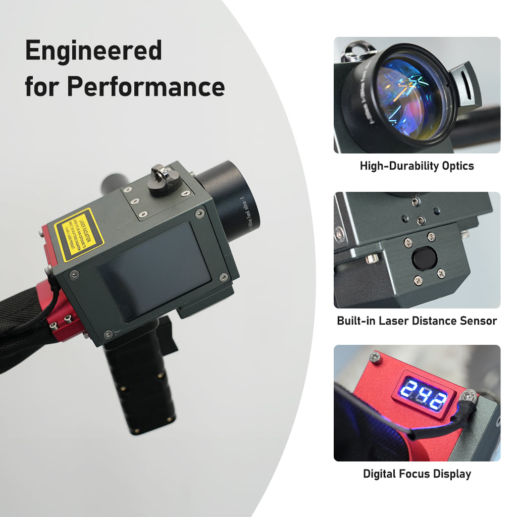 Handheld laser cleaning head of Seagull 2 machine with high durability optics built in distance sensor and digital focus display