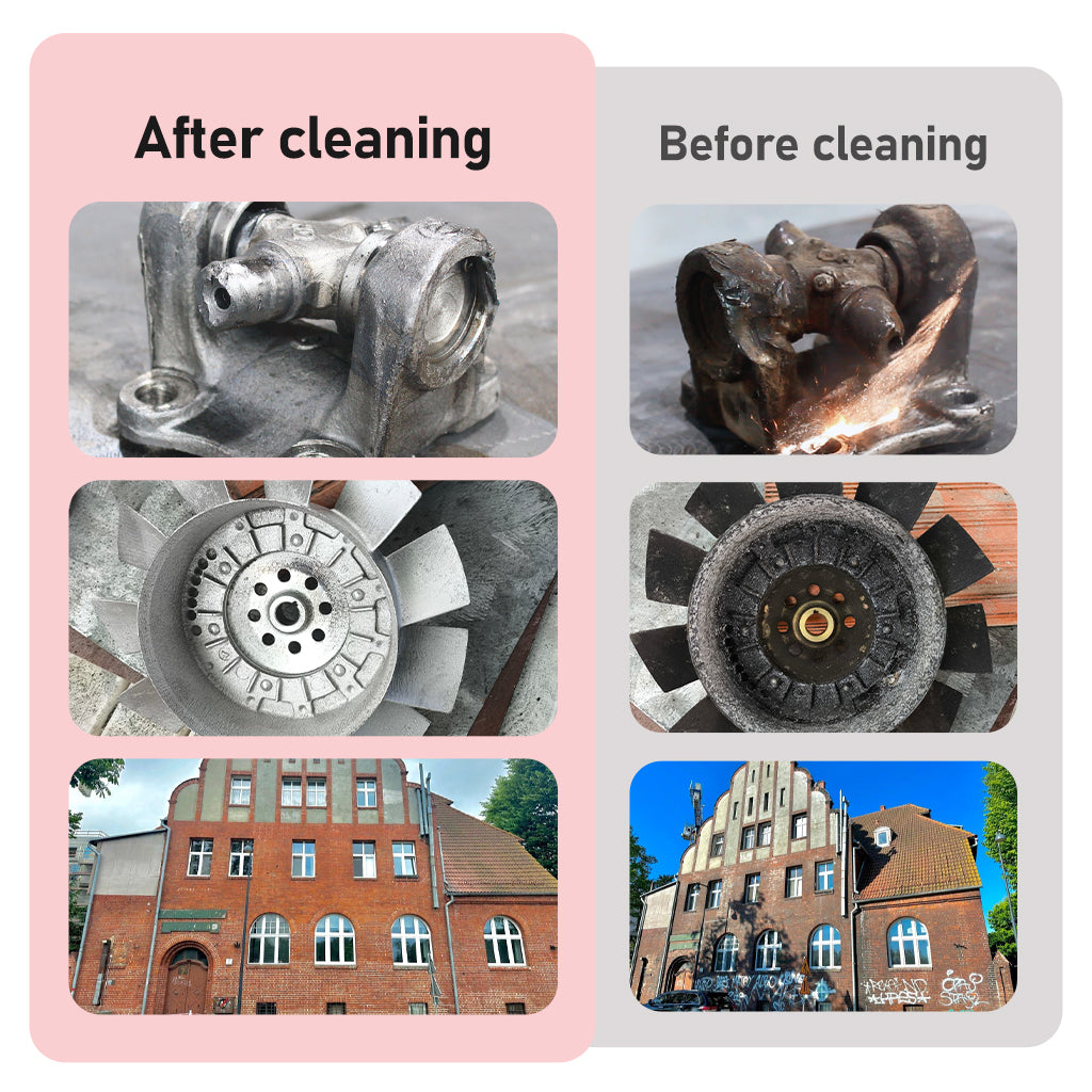 Before and after cleaning results on metal parts and building facade using the SEAGULL3 pulse laser cleaner