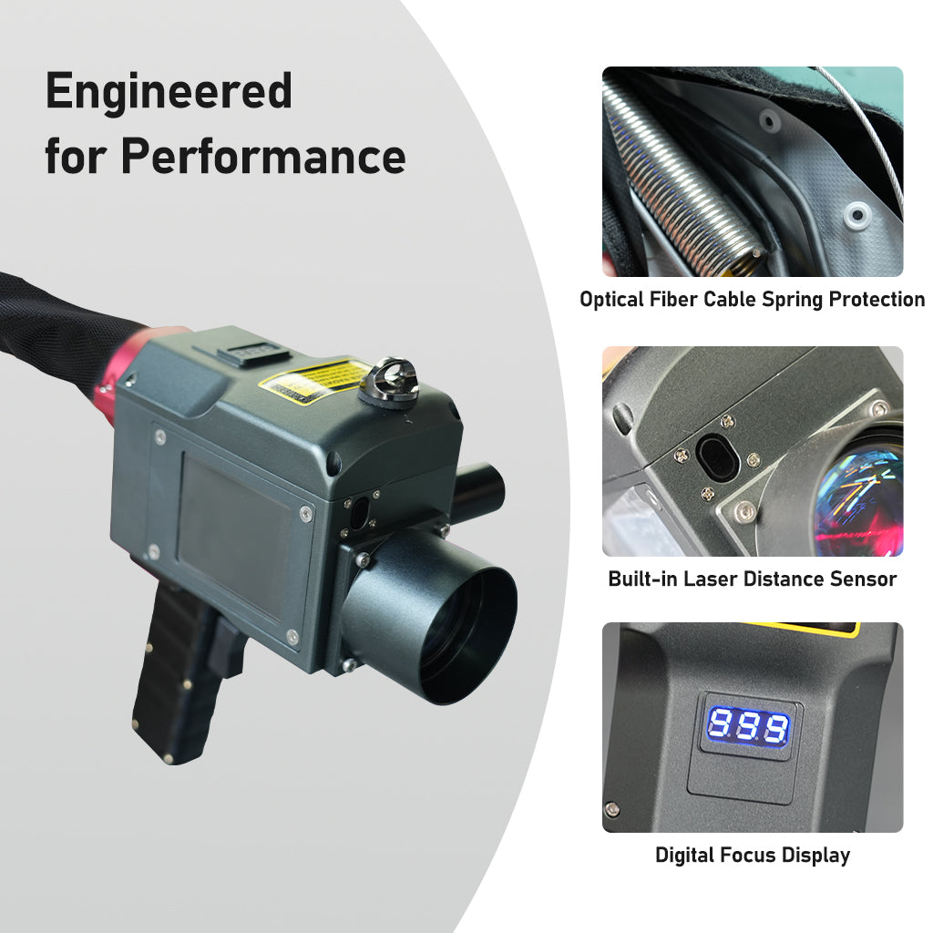 Handheld laser cleaning head of the SEAGULL3 cleaner with optical fiber protection distance sensor and digital focus display