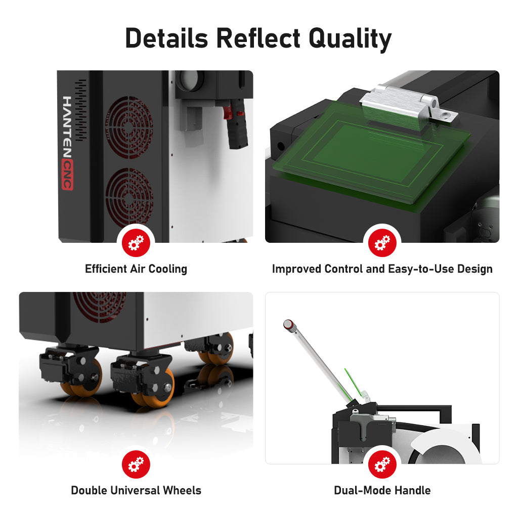 Detail views of the SEAGULL3 laser cleaner including air cooling control panel universal wheels and dual mode handle
