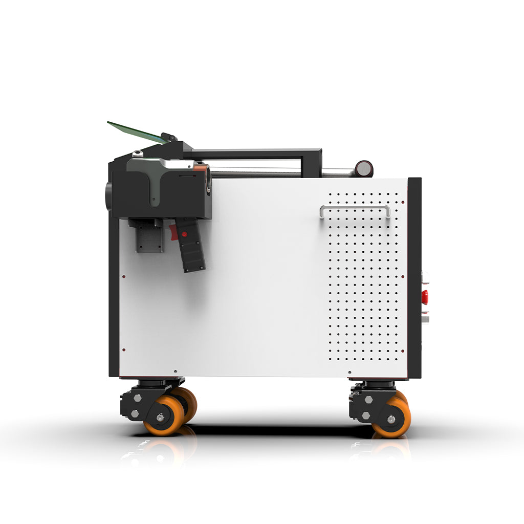 Side view of the SEAGULL3 pulse laser cleaner showing compact body and heavy duty wheels