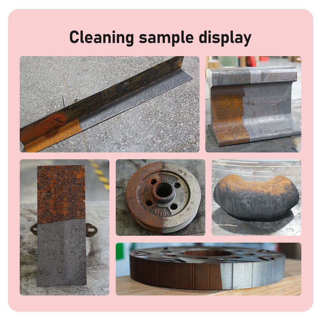 SEAGULL4 air-cooled laser rust cleaner sample results showing rust and paint removal on various metal parts