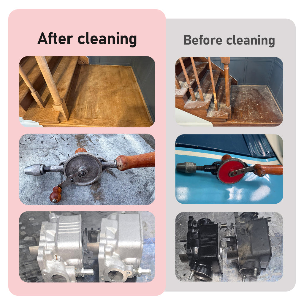 Before and after cleaning results on wood tools and metal parts using SEAL1 pulse laser cleaner