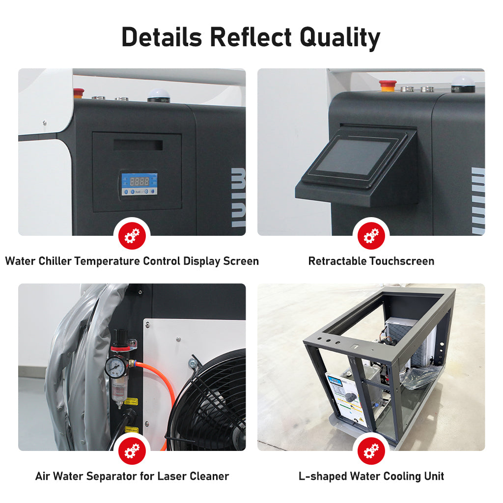 Detail views of SEAL1 laser cleaner including water chiller display touchscreen air water separator and cooling unit