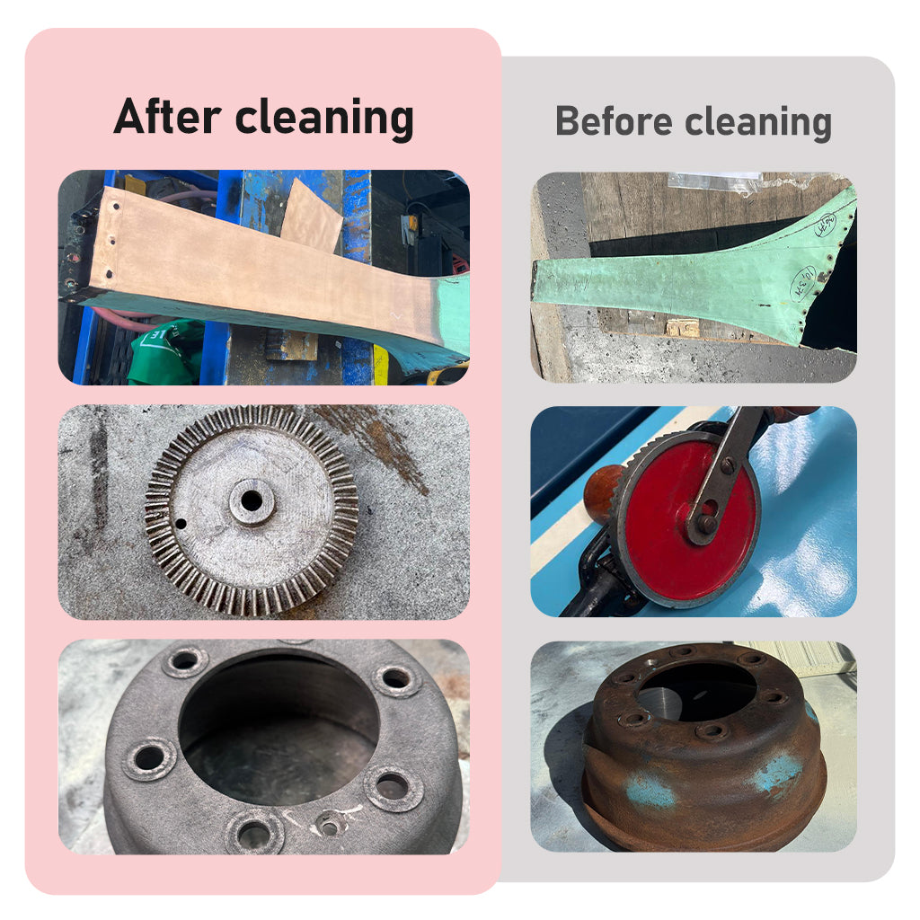 Before and after cleaning results on metal parts using SEAL2 pulse laser cleaner