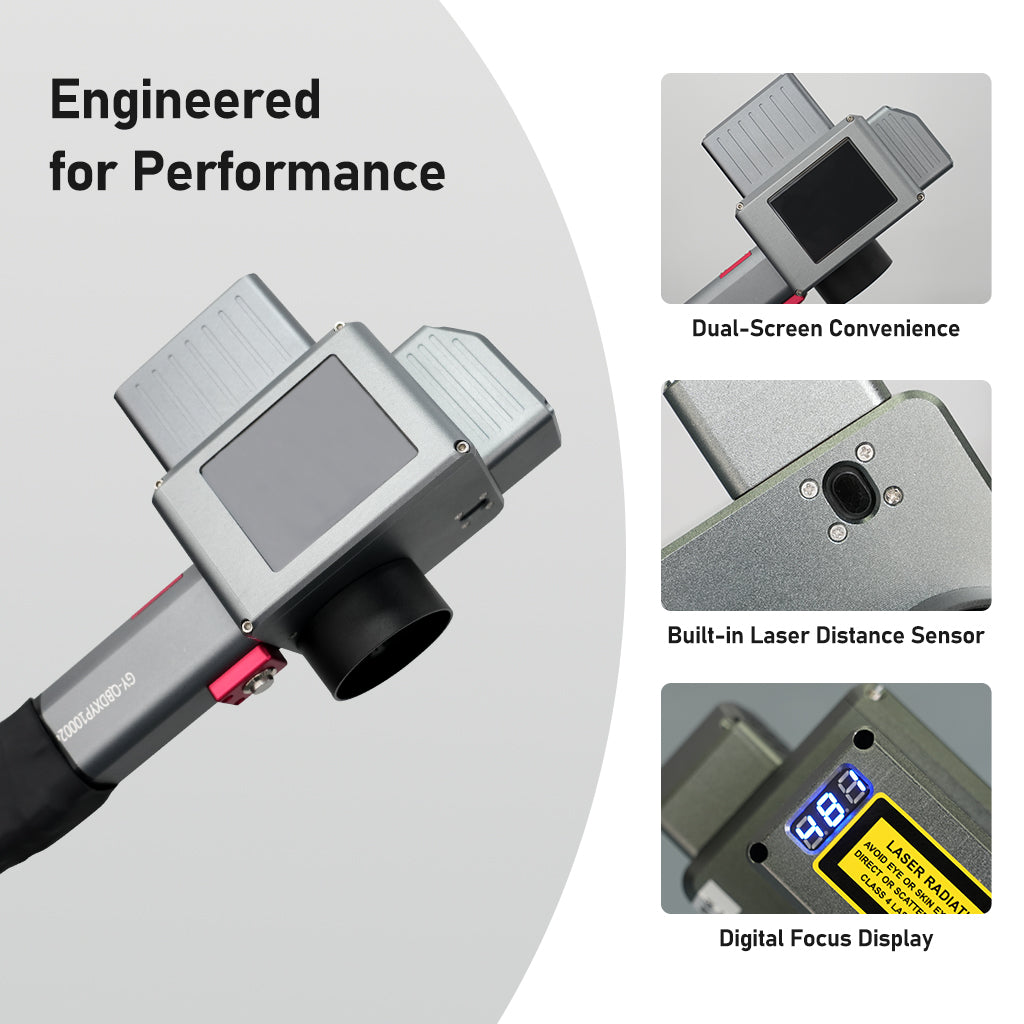 Handheld laser cleaning head of SEAL2 laser cleaner with dual screens distance sensor and digital focus display