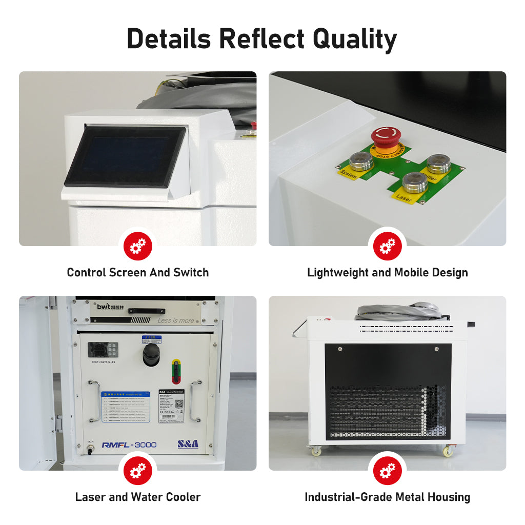 Detail views of SEAL2 laser cleaner including control screen emergency stop cooling system and metal housing